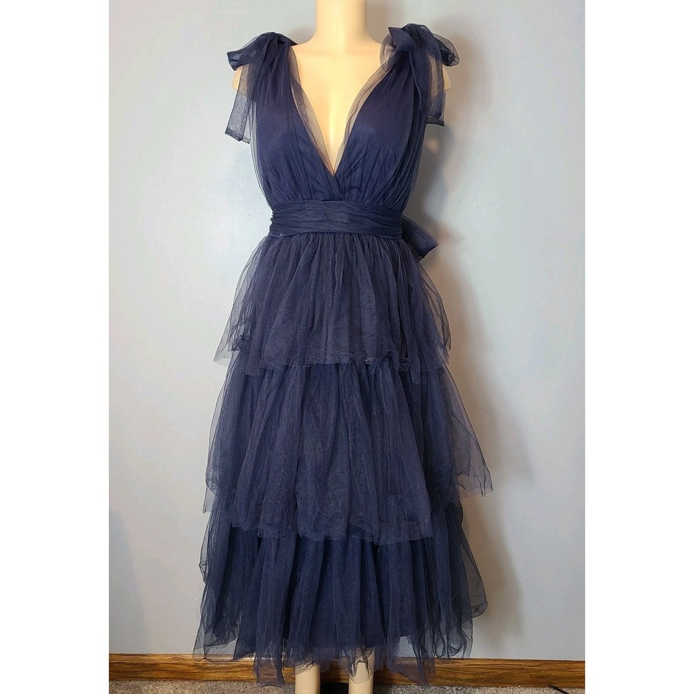 Lulus Flawless Arrival Navy Blue Tulle Dreamy Tiered Maxi Dress Size Medium